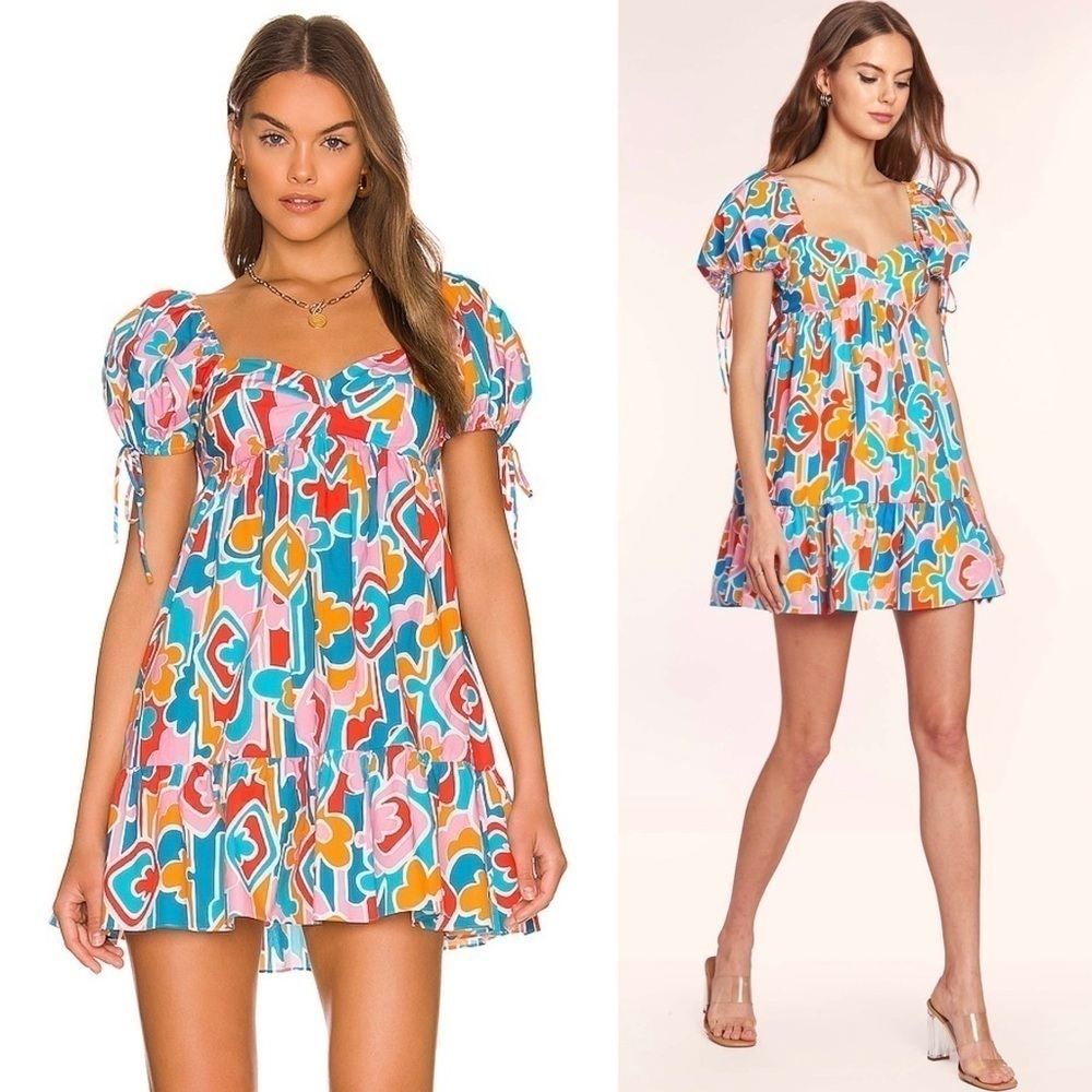 AMANDA UPRICHARD 90s Abstract Graphic Print Puff Short Sleeve Babydoll Dress L‎ - Picture 15 of 16